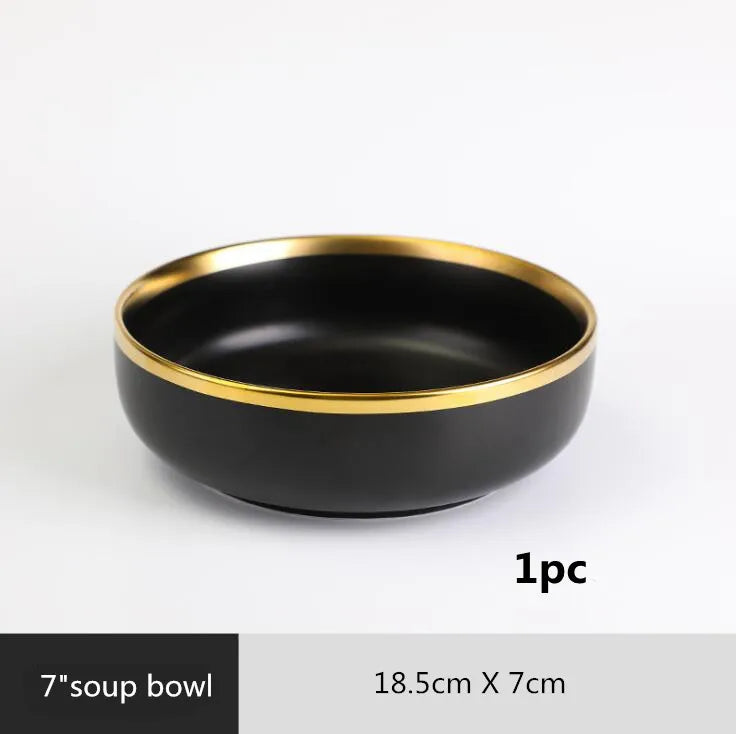 Bol à soupe en céramique noir avec bord doré de 18,5 cm – Assiettes en céramique noires bord doré – Service complet