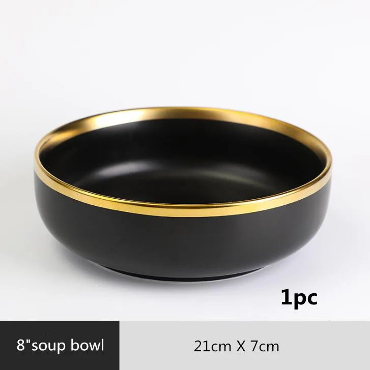 Bol à soupe noir en céramique avec bord doré – Assiettes en céramique noires bord doré – Service complet