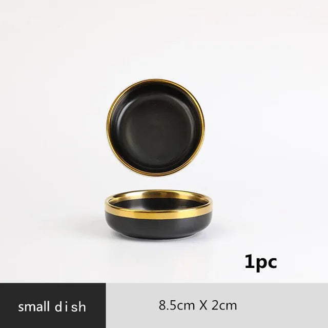 Assiettes en céramique noires bord doré – Service complet avec petit plat de 8,5 cm de diamètre