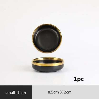 Assiettes en céramique noires bord doré – Service complet avec petit plat de 8,5 cm de diamètre