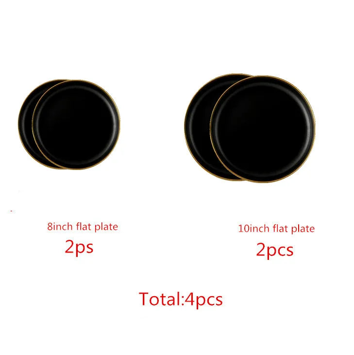 Assiettes en céramique noires bord doré – Service complet de 4 pièces incluant 2 assiettes de 8 pouces et 2 de 10 pouces
