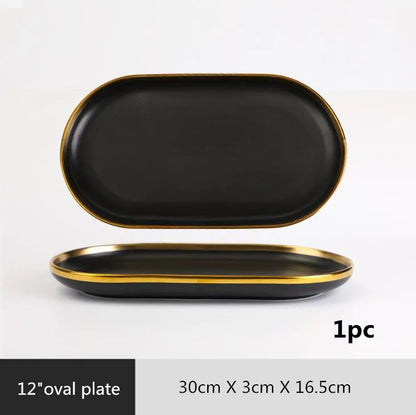 Assiettes en céramique noires bord doré – Service complet comprenant une assiette ovale de 30 x 3 x 16,5 cm