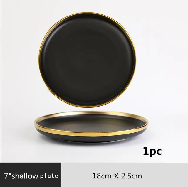 Assiette en céramique noire avec bord doré, 18cm de diamètre, service complet pour la table.