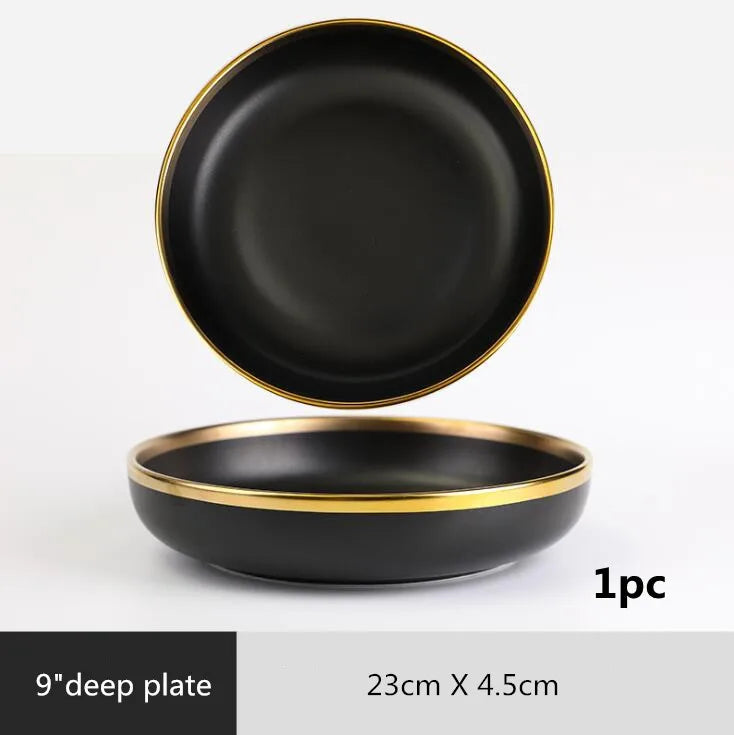 Assiettes en céramique noires bord doré – Service complet avec une assiette profonde de 23cm.