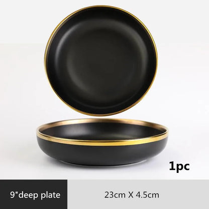 Assiettes en céramique noires bord doré – Service complet avec une assiette profonde de 23cm.
