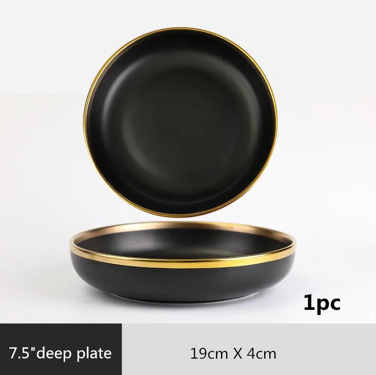 Assiettes en céramique noires bord doré – Service complet avec assiette profonde de 19cm de diamètre