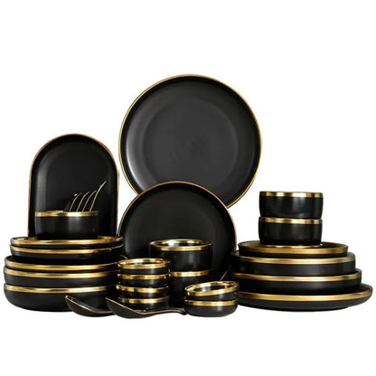 Service complet d'assiettes en céramique noires bord doré, élégant et moderne pour toutes les occasions