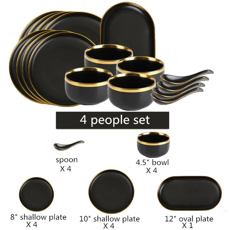 Service complet d'assiettes en céramique noires bord doré pour quatre personnes avec assiettes et bols