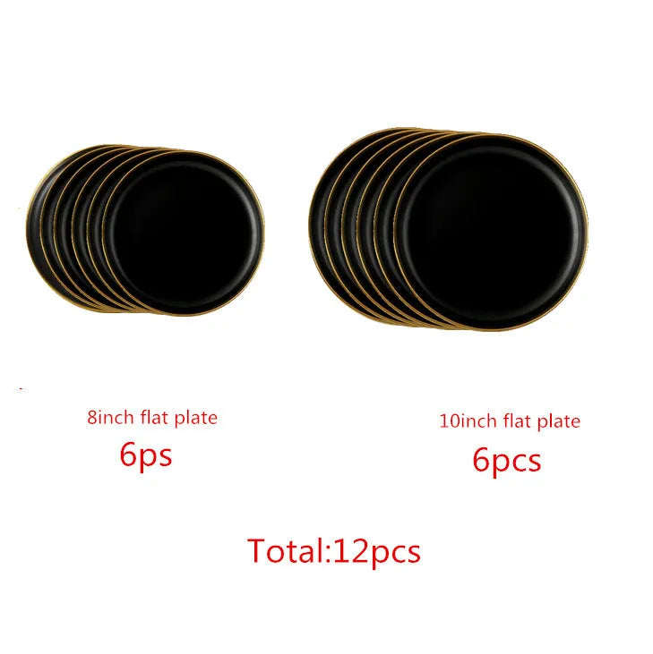 Assiettes en céramique noires bord doré – Service complet avec 6 assiettes de 8 pouces et 6 assiettes de 10 pouces