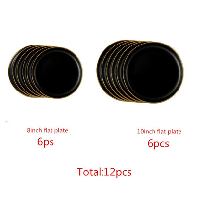 Assiettes en céramique noires bord doré – Service complet avec 6 assiettes de 8 pouces et 6 assiettes de 10 pouces
