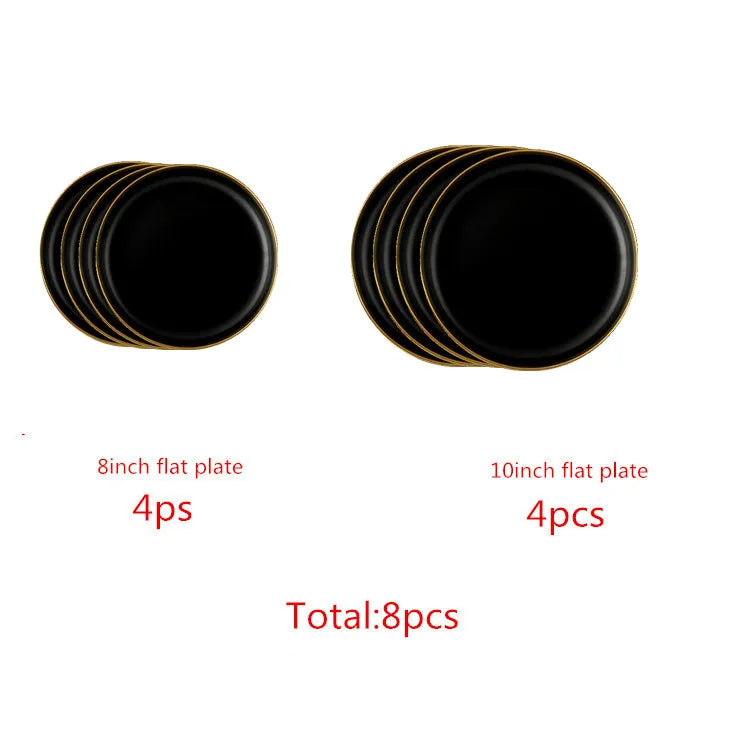 Assiettes en céramique noires bord doré – Service complet comprenant 8 assiettes de 8 et 10 pouces