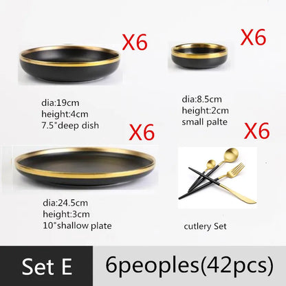 Assiettes en céramique noires bord doré – Service complet de 42 pièces pour 6 personnes avec couverts