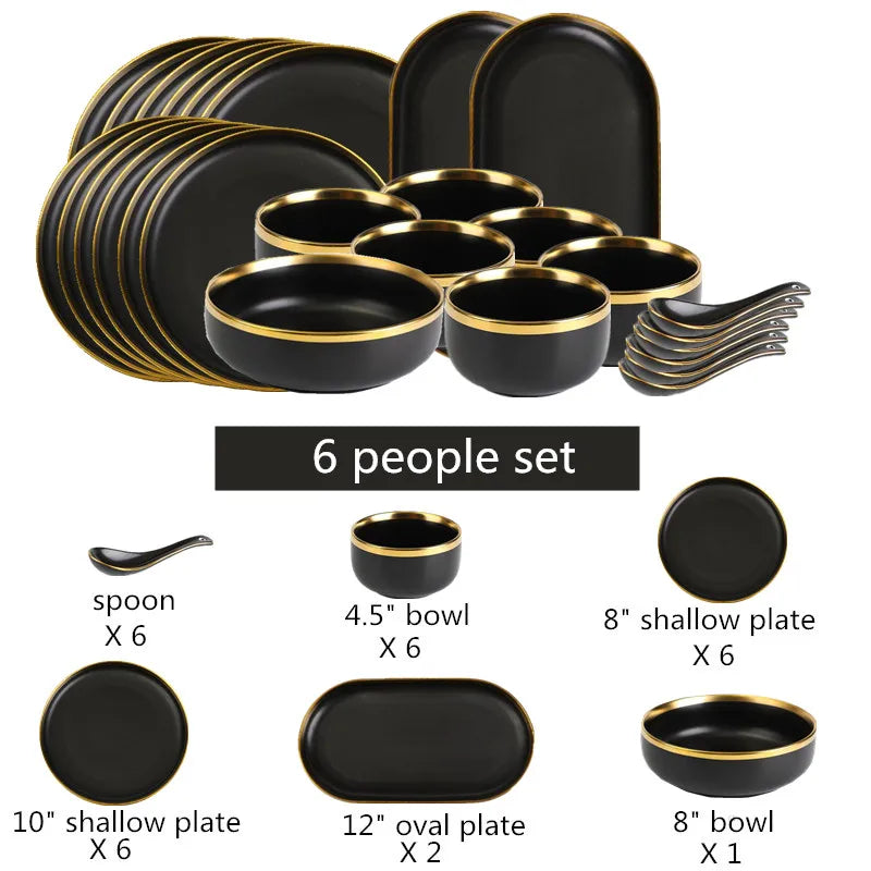 Assiettes en céramique noires bord doré – Service complet pour 6 personnes avec bols et cuillère
