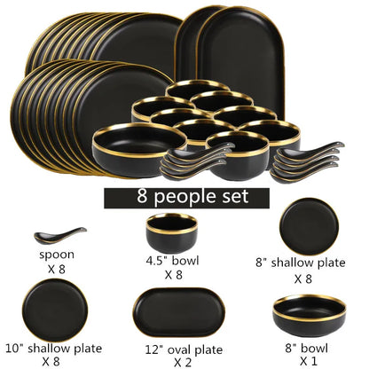 Set complet d'assiettes en céramique noires bord doré, incluant assiettes et bols pour 8 personnes