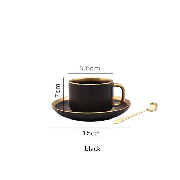 Assiettes en céramique noires bord doré – Service complet avec tasse, soucoupe et cuillère assortie