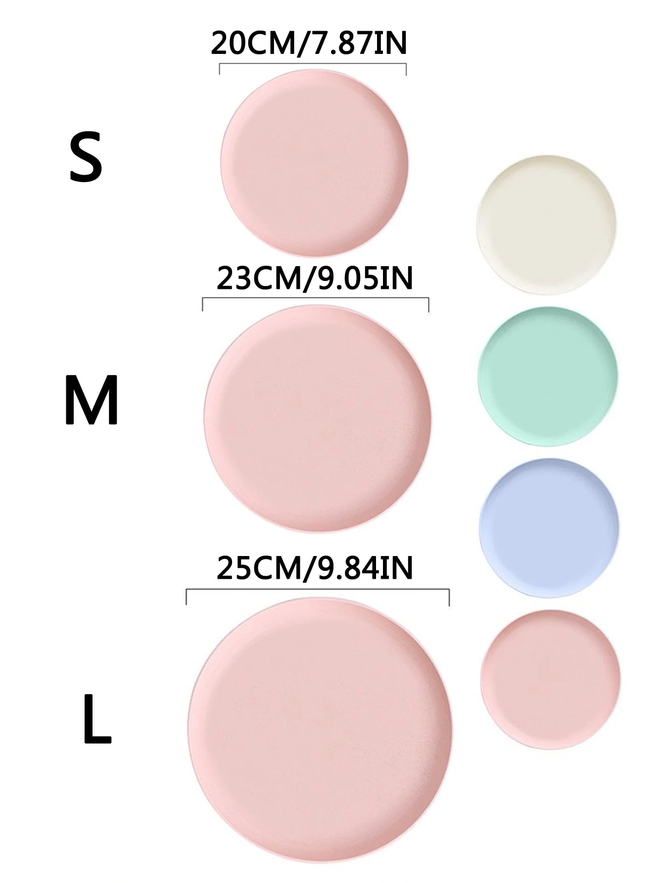 Assiettes rondes incassables en paille de blé de différentes tailles avec des couleurs pastel