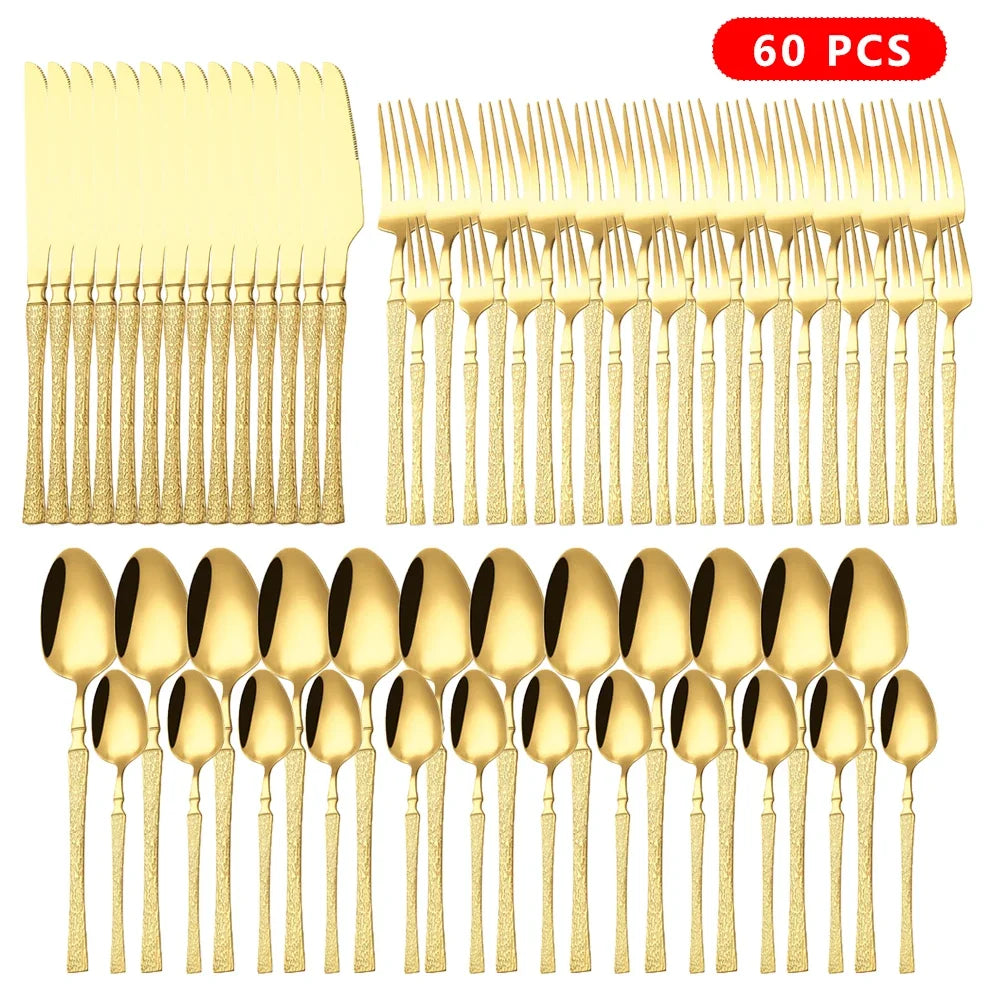 Service de Couverts Acier Inox – Élégance pour 7-9 Pers. ensemble 60 pièces doré texturé pour dîner familial