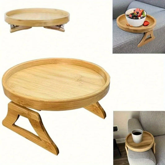 Plateau de canapé en bois naturel – Support accoudoir, plateau rond en bambou avec pieds pliables se fixant sur l'accoudoir
