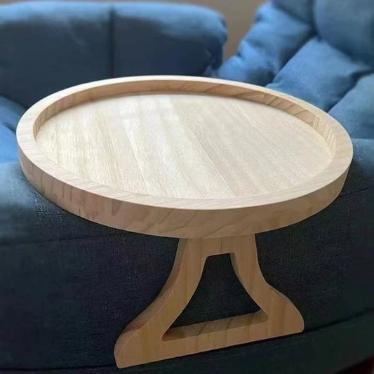 Plateau de canapé en bois naturel – Support accoudoir. Plateau rond sur pied s'adaptant à l'accoudoir d'un canapé pour boissons