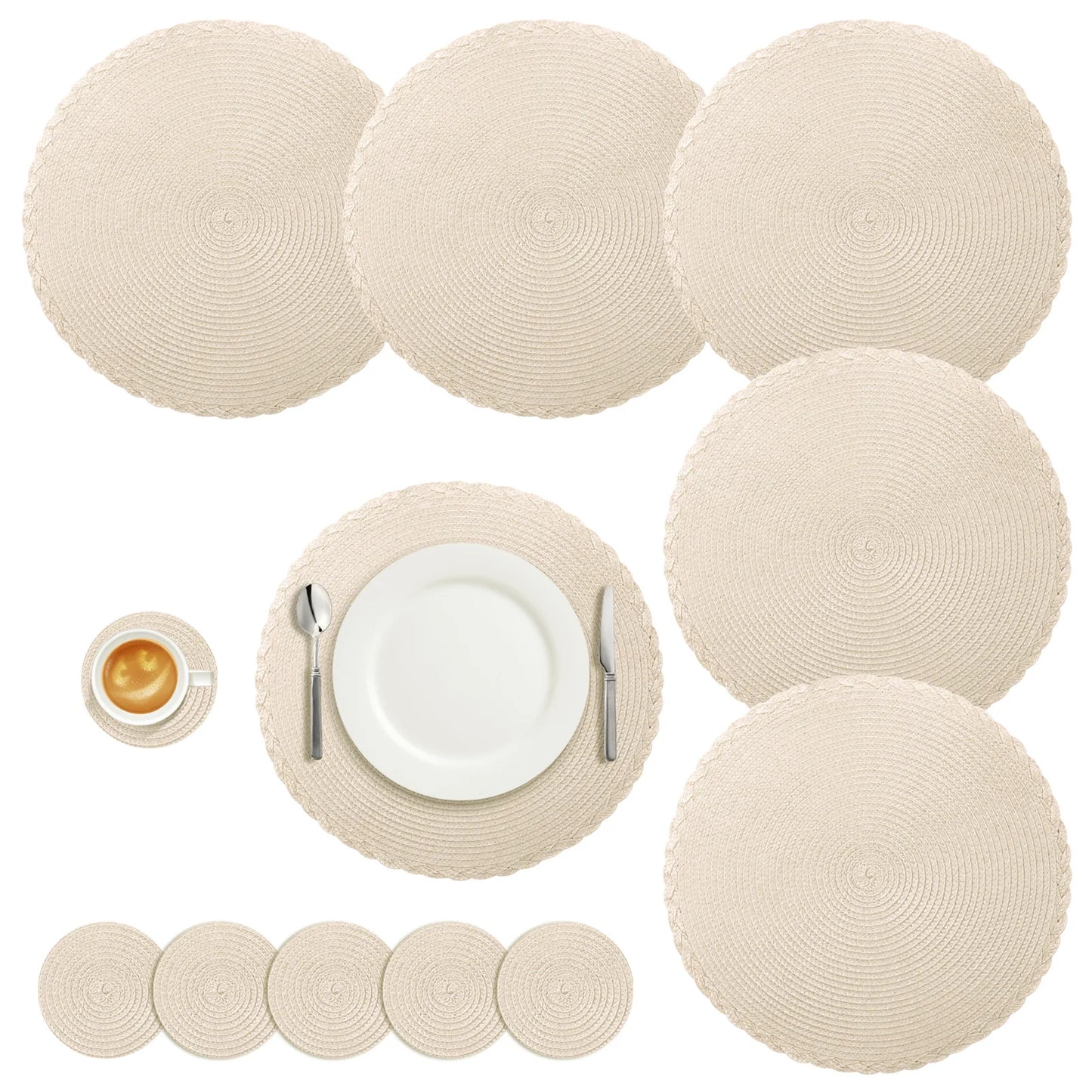 Set 6 Napperons & 6 Dessous de Verre – Tressé, Moderne. Ensemble rond tressé beige 6 napperons et 6 dessous de verre pour table