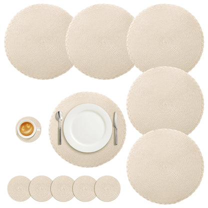 Set 6 Napperons & 6 Dessous de Verre – Tressé, Moderne. Ensemble rond tressé beige 6 napperons et 6 dessous de verre pour table