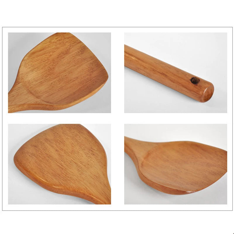 Spatule en Bois Long Manche – Ustensile de Cuisine Durable. Spatule en bois lisse à tête large et manche long, vues en gros plan.