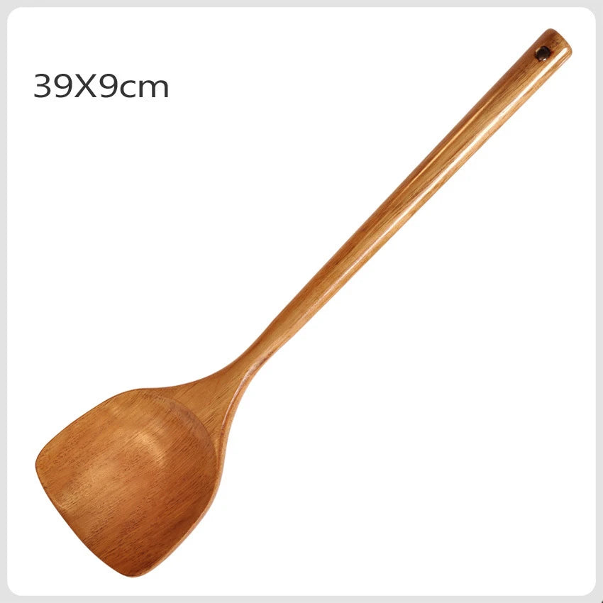 Spatule en Bois Long Manche – Ustensile de Cuisine Durable, spatule longue 39x9 cm en bois avec trou de suspension