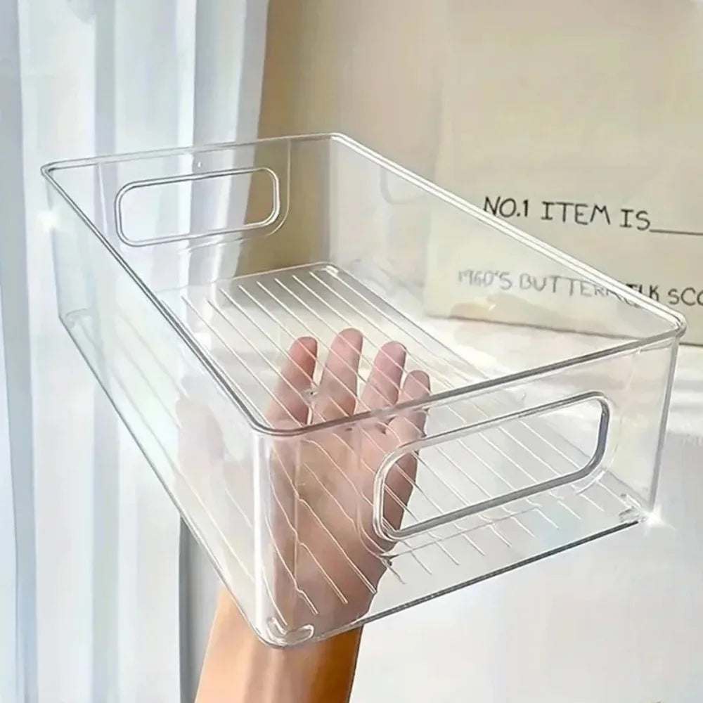 Bac de rangement empilable pour réfrigérateur – 25,5 × 15 × 7,5 cm, transparent avec poignées pratiques.