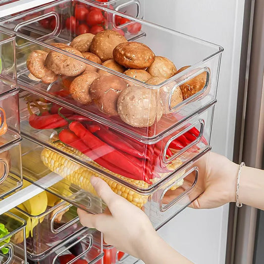Bac de rangement pour frigo transparent, organisateur réfrigérateur pour fruits et légumes, pratique et fonctionnel.