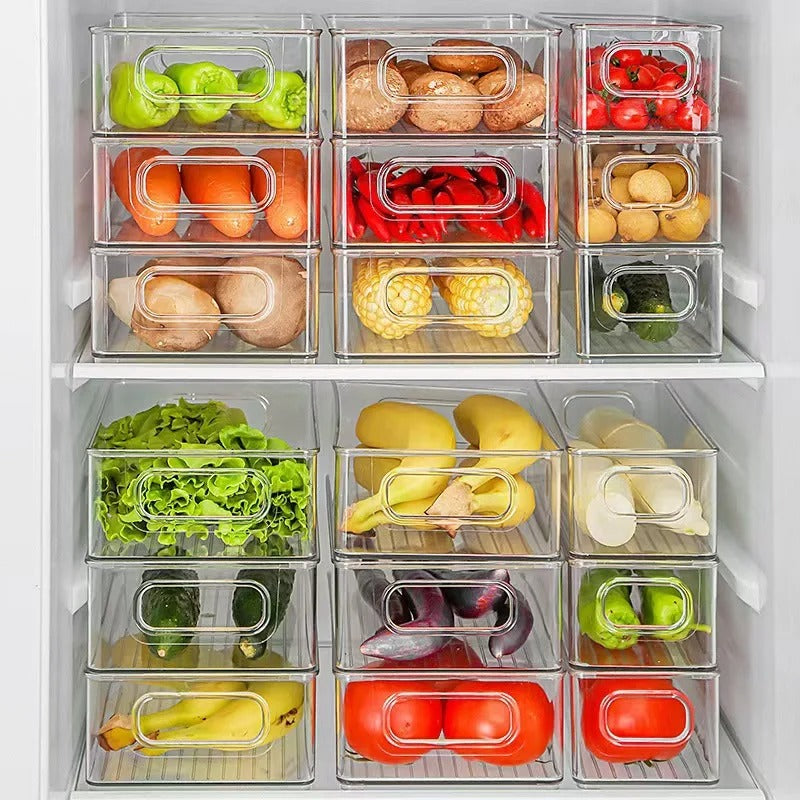 Bac de rangement pour frigo transparent et organiseur réfrigérateur pour fruits et légumes dans un réfrigérateur bien rangé