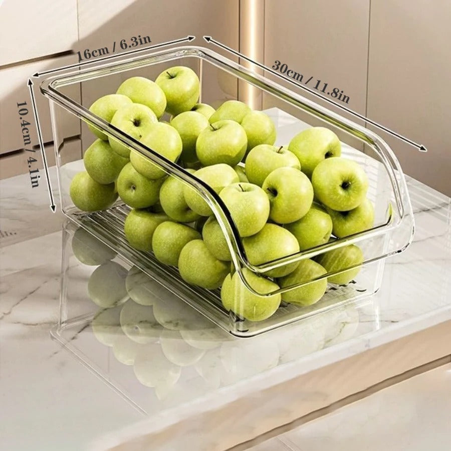 Bac de rangement pour réfrigérateur transparent 30 cm rempli de pommes vertes sur une table de cuisine