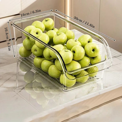 Bac de rangement pour réfrigérateur transparent 30 cm rempli de pommes vertes sur une table de cuisine