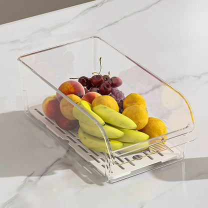 Bac de rangement pour réfrigérateur transparent 30 cm rempli de fruits frais sur un comptoir de cuisine