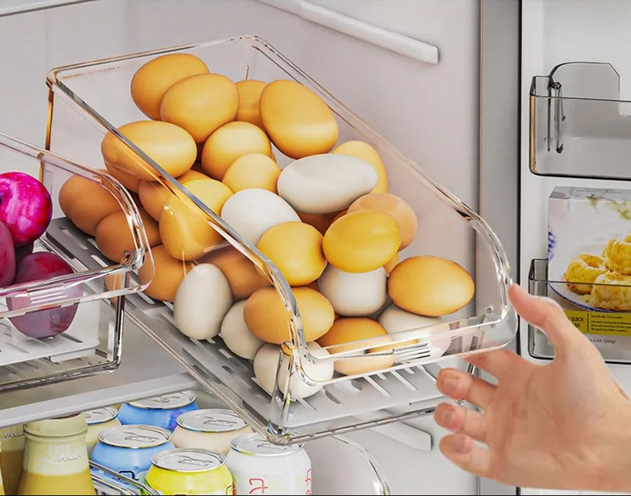 Bac de rangement pour réfrigérateur transparent 30 cm rempli d'œufs, idéal pour une organisation optimale