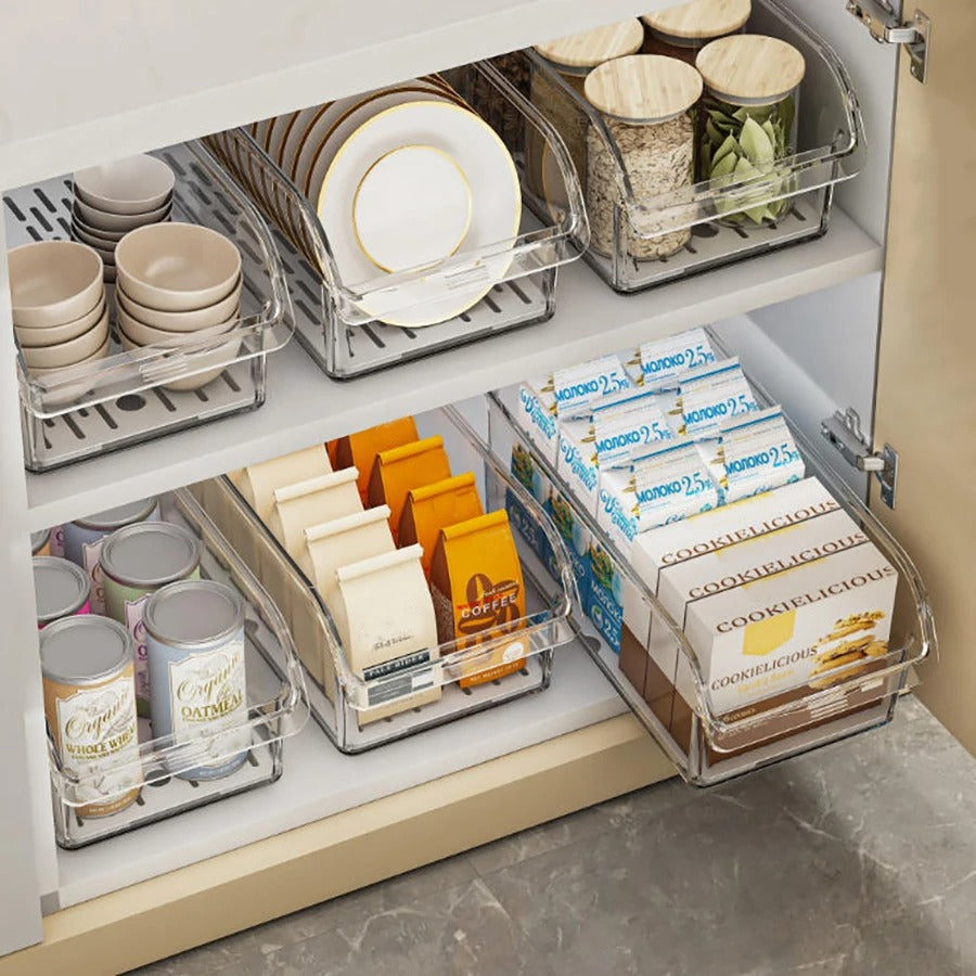 Bac de rangement pour réfrigérateur transparent 30 cm avec des bouteilles et aliments bien organisés