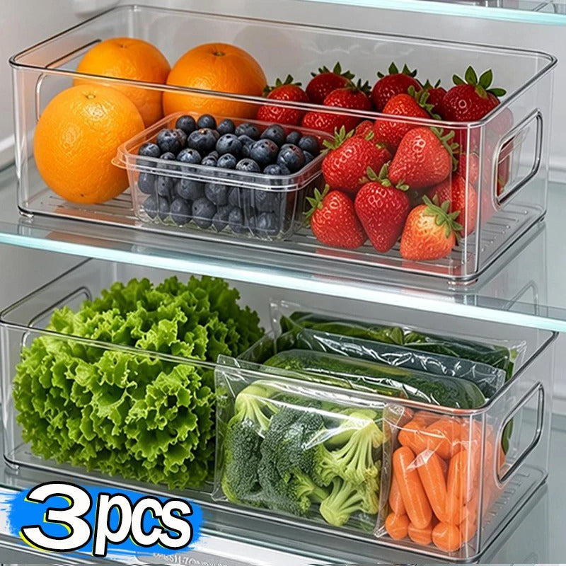 Bacs de Rangement Frigo Transparente – Lot de 2 ou 3 avec fruits et légumes frais dans un réfrigérateur