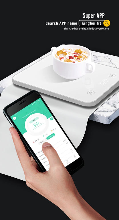 Balance de cuisine connectée Bluetooth blanche avec application mobile affichant le poids en grammes