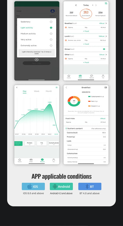 Interface de l'application mobile pour balance de cuisine connectée Bluetooth montrant suivi d'activité et analyse nutritionnelle