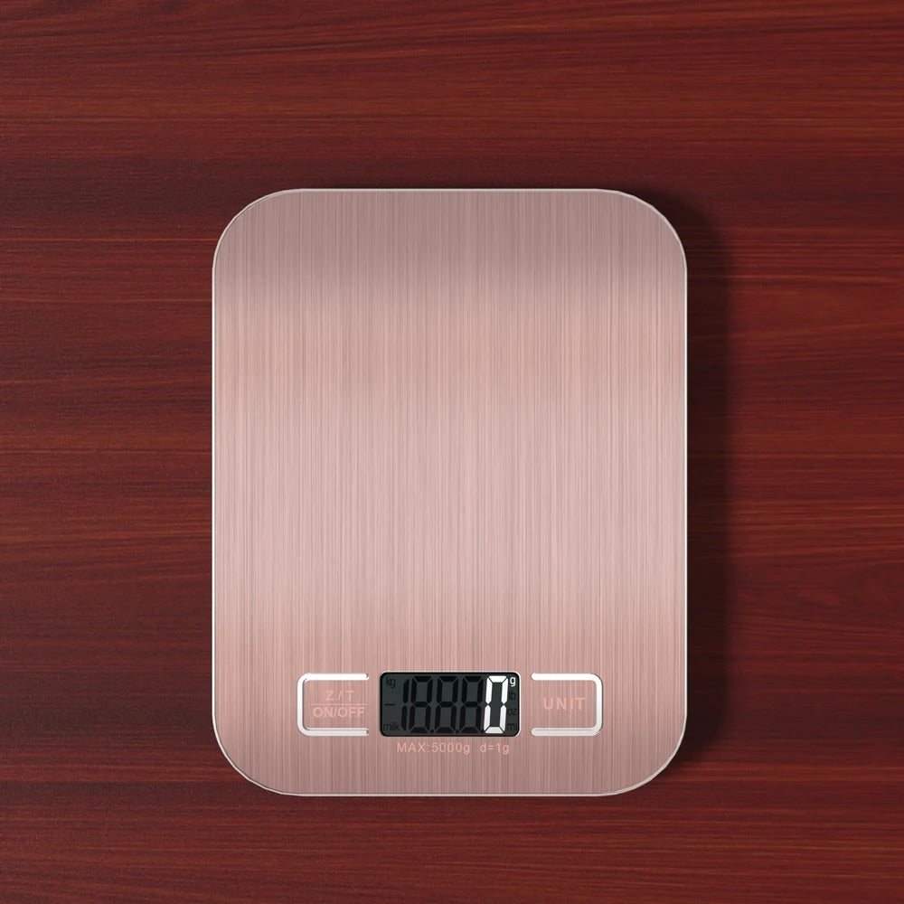 Balance de Cuisine Électronique 1 g – Balance Numérique avec Affichage LED en acier inoxydable sur fond en bois