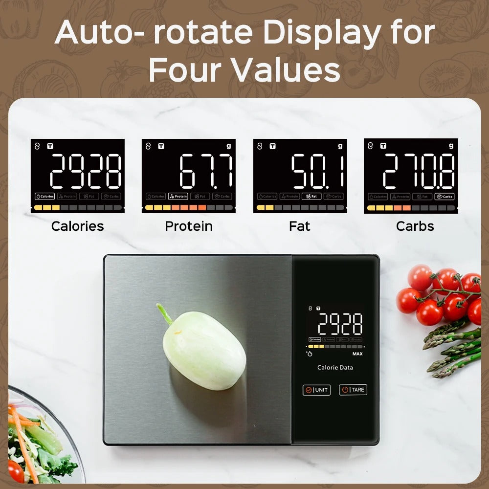 Balance de cuisine intelligente connectée avec application pour analyser vos aliments et mieux organiser vos repas avec écran numérique.