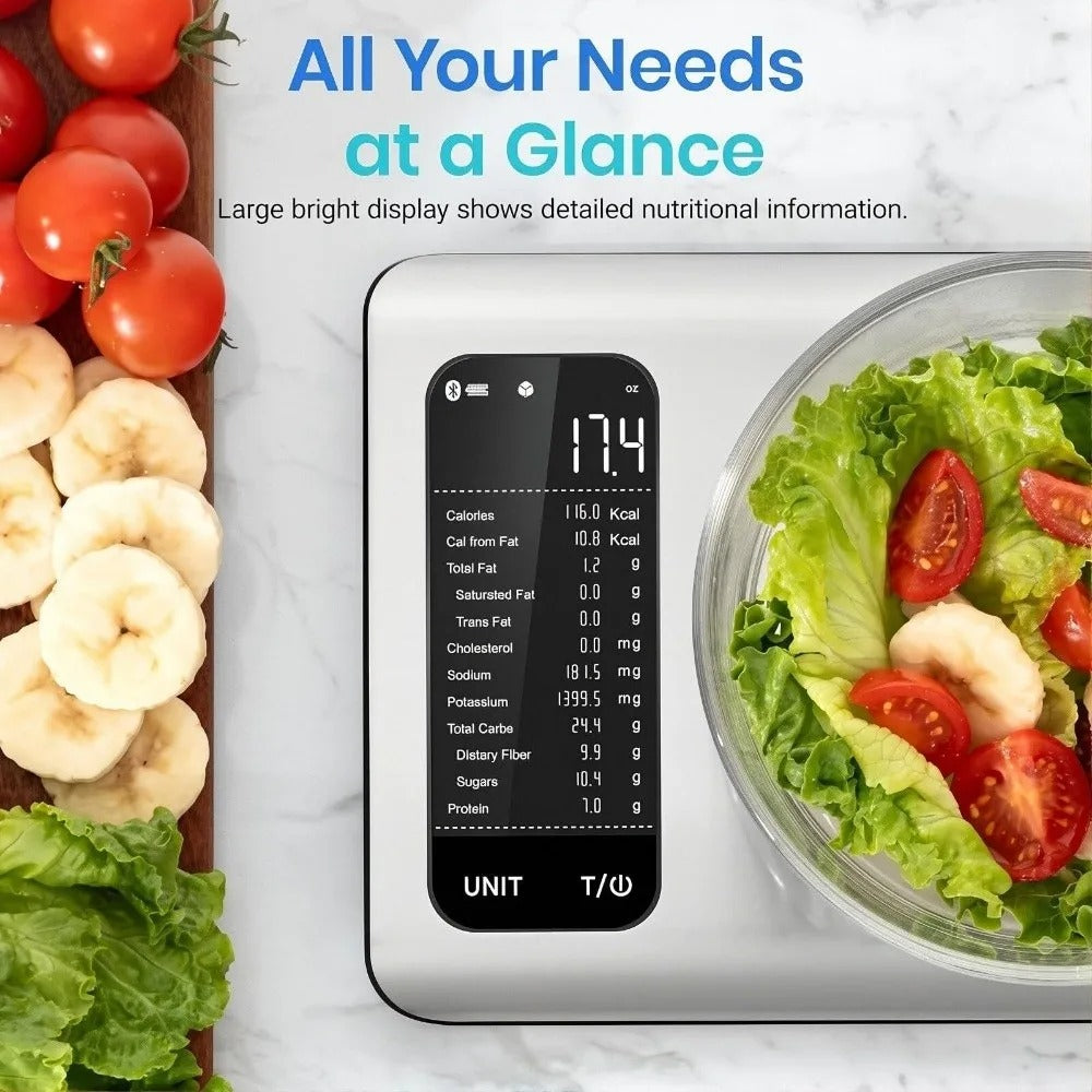 Balance de cuisine intelligente inox 304 avec application affichant des informations nutritionnelles sur un fond de légumes frais.