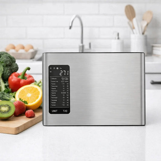Balance de cuisine intelligente inox 304 avec application, affichage clair à côté de légumes et fruits frais