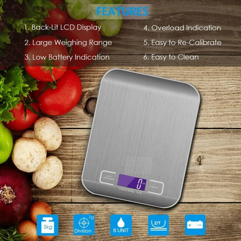 Balance de cuisine numérique inox design – La précision au quotidien avec écran LCD rétroéclairé et fonction de re-calibrage