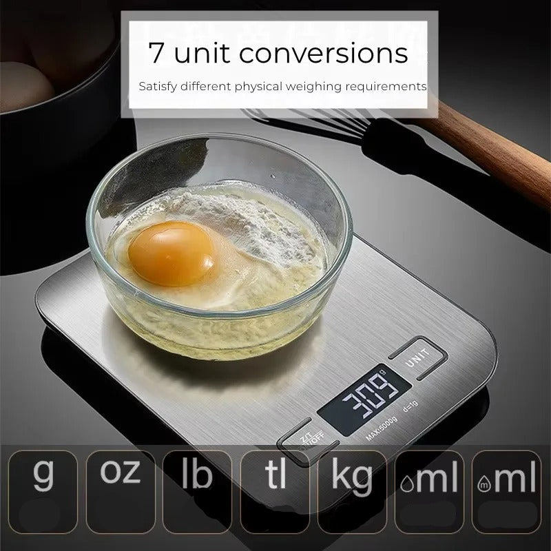 Balance de cuisine numérique inox design – La précision au quotidien avec un bol en verre et un œuf.