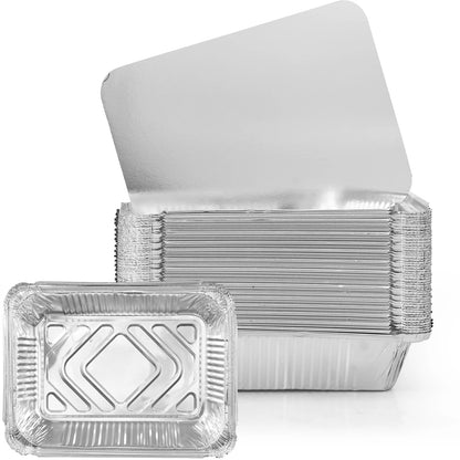 Barquettes Aluminium 1100ml avec Couvercle – Lot de 50 empilées avec un couvercle ouvert