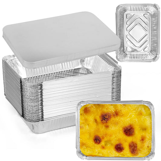 Barquettes Aluminium 1100ml avec Couvercle – 50 Pcs – Cuisson & Transport Facile, pratiques pour les plats à emporter.