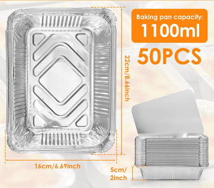 Barquettes Aluminium 1100ml avec Couvercle – 50 Pcs – Cuisson & Transport Facile pour plats chauds et froids