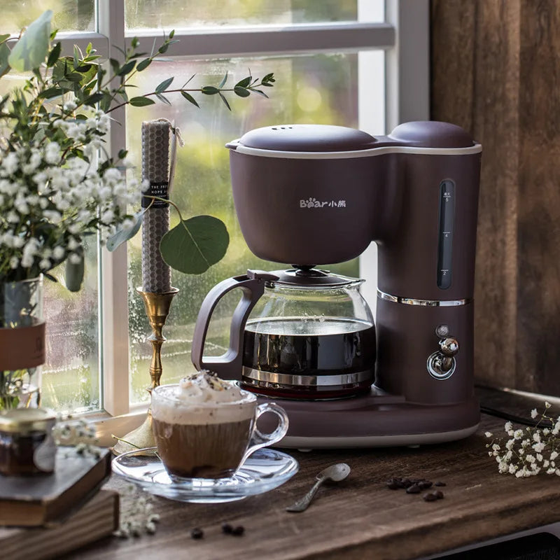 Cafetière filtre LISM 4-6 tasses marron avec verseuse en verre sur table en bois près d'une fenêtre
