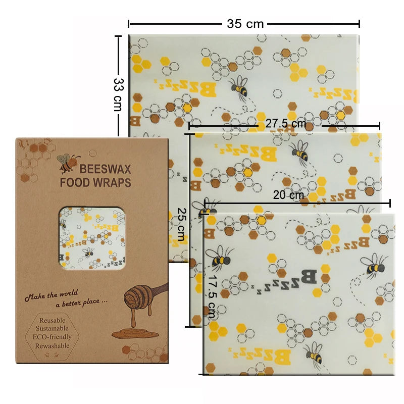 Pack Wraps Alimentaires Réutilisables – Cire d’Abeille motif abeilles 3 tailles avec emballage Ustensile de chef