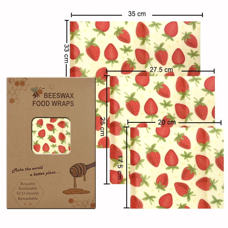 Wraps Alimentaires Réutilisables – Cire d’Abeille motif fraises pack 3 tailles avec boîte kraft Ustensile de chef